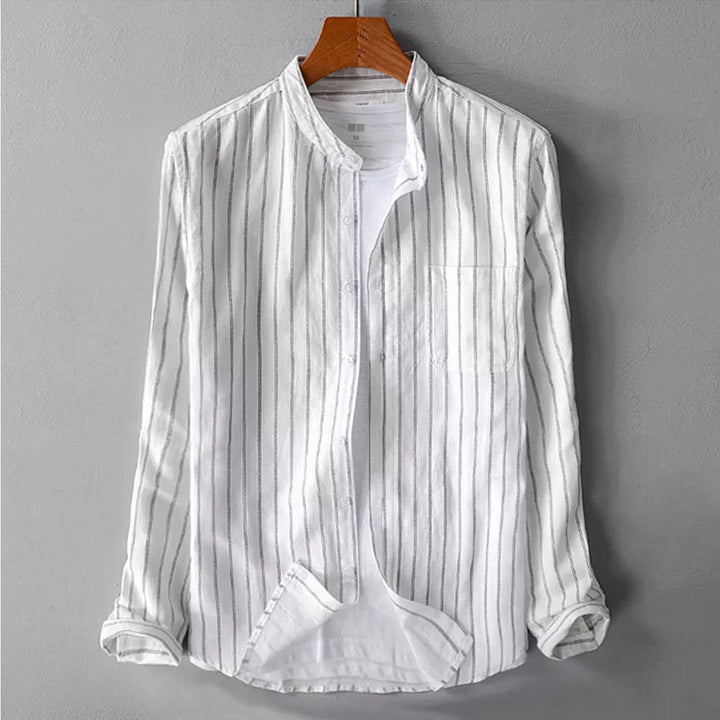 Men's casual striped stand-up collar shirt made of linen-cotton mix with chest pocket Mune Fashion