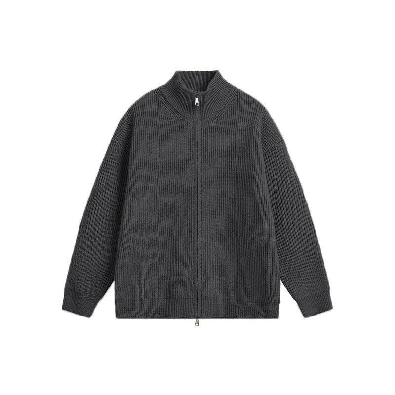 Unisex chunky knit zip jacket with stand-up collar and two-way zipper Mune Fashion