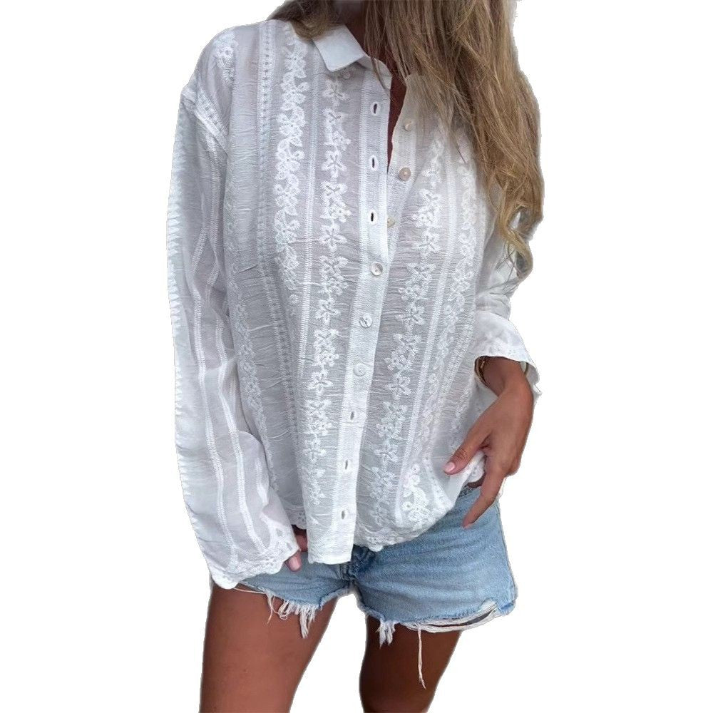 Women nan embroidered blouse with floral openwork embroidery, pearl button placket and casual oversized fit Mune Fashion