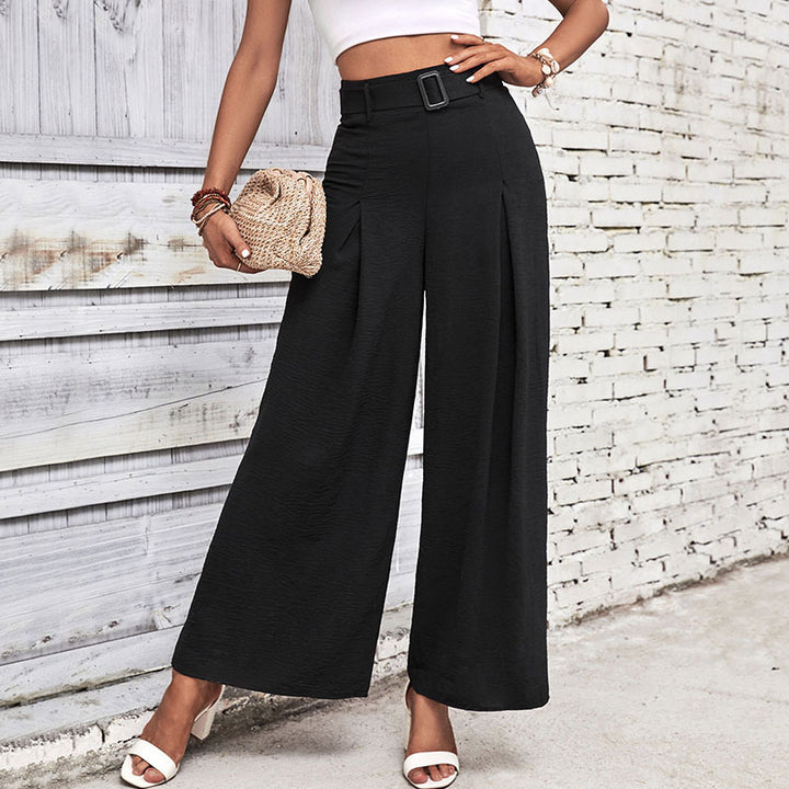 Women Elegant Culotte Pants with High Waist, Pleats and Decorative Loop Belt Mune Fashion