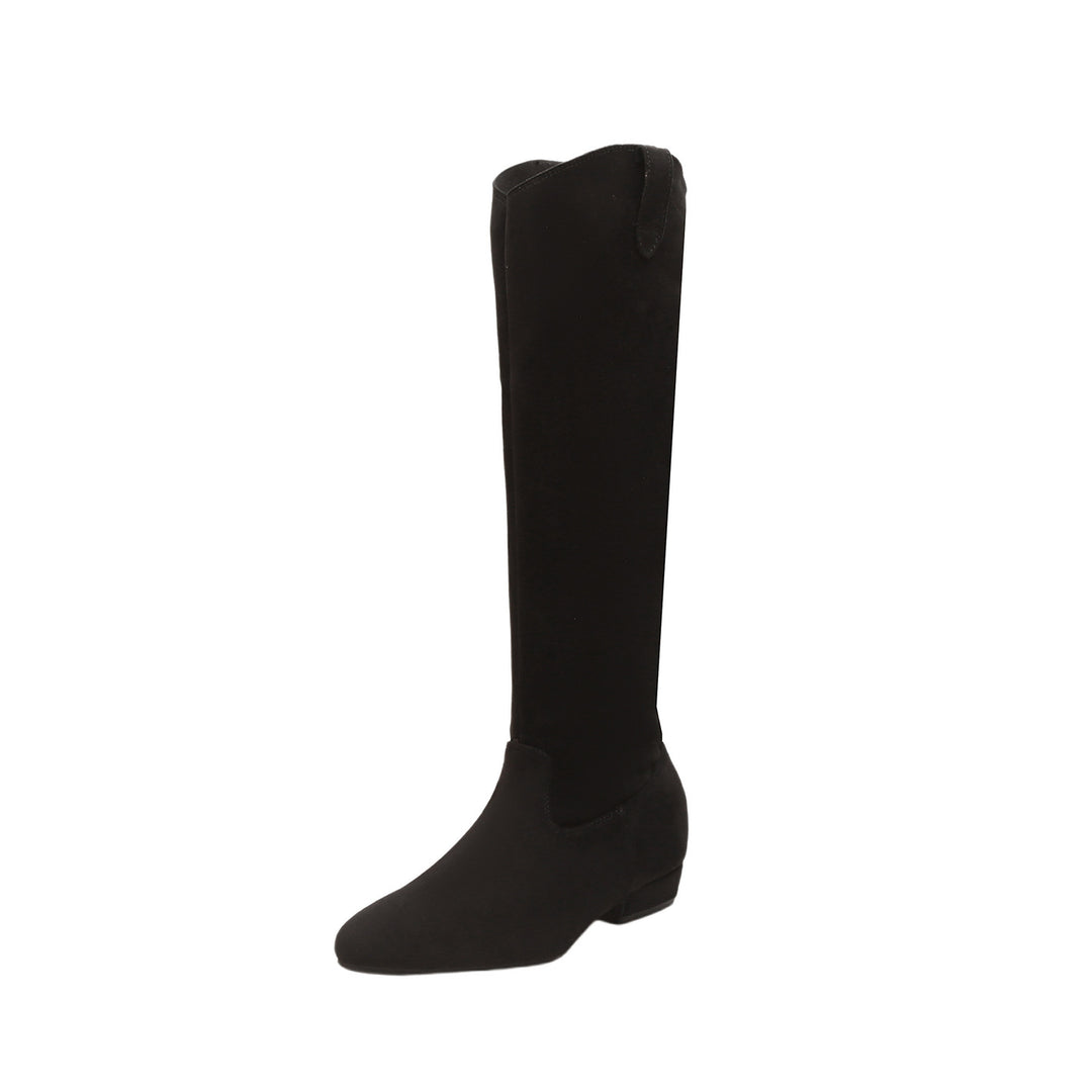 Ladies Knee-High Slouch Boots made of soft suede leather with pointed toe and low heel Mune Fashion