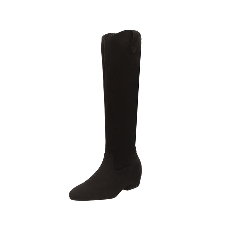 Ladies Knee-High Slouch Boots made of soft suede leather with pointed toe and low heel Mune Fashion