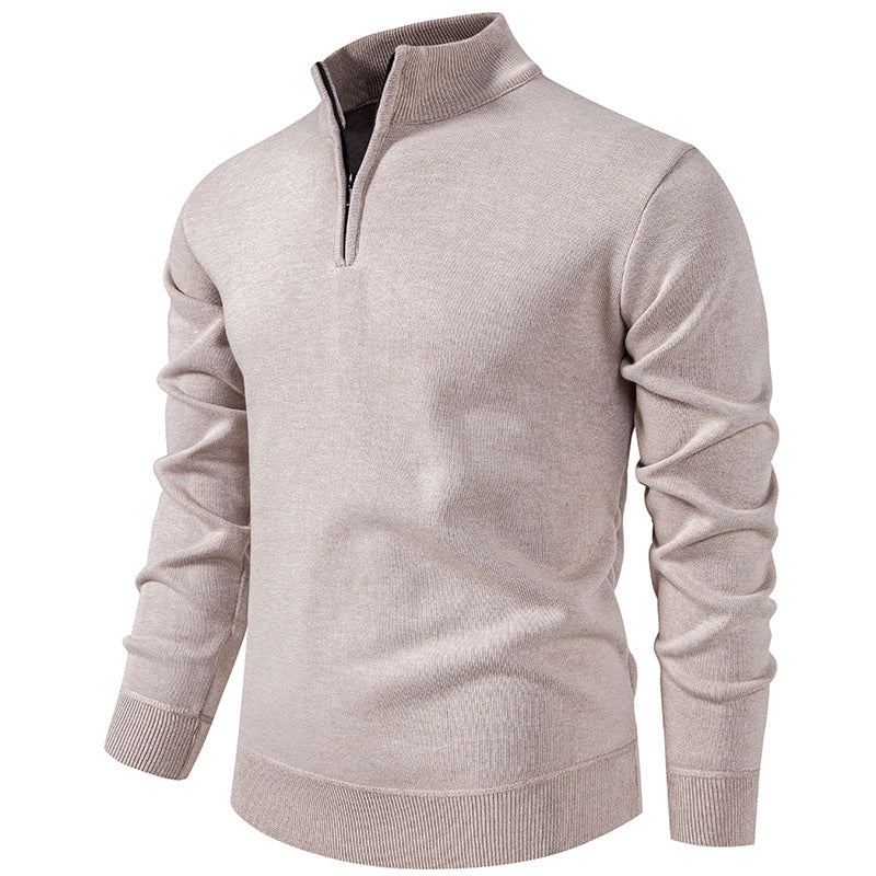 Men's Slim-Fit Fine Knit Sweater with Short Zipper, Stand Collar and Ribbed Hem Mune Fashion