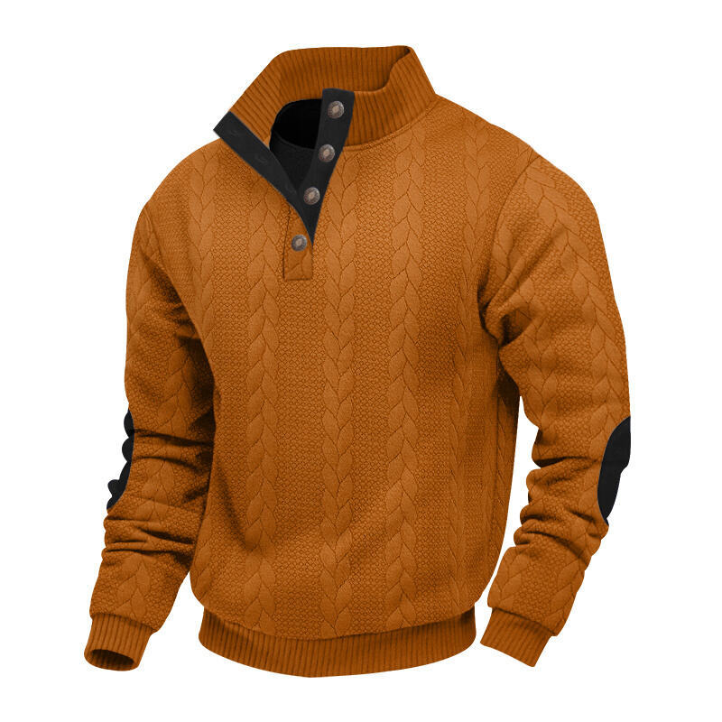 Men's chunky cable knit Troyer with button placket and suede elbow patches Mune Fashion