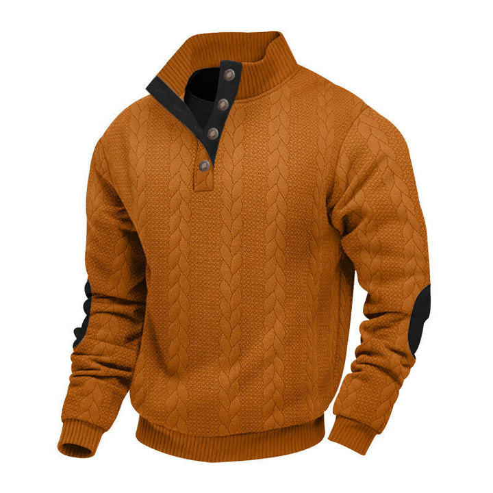 Men's chunky cable knit Troyer with button placket and suede elbow patches Mune Fashion