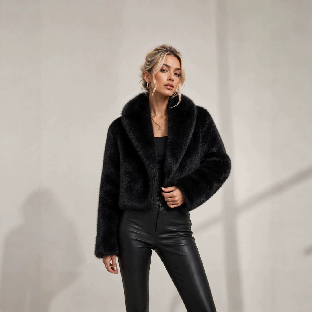 Ladies Cropped Faux Fur Short Jacket with Extra Voluminous Shawl Collar Mune Fashion