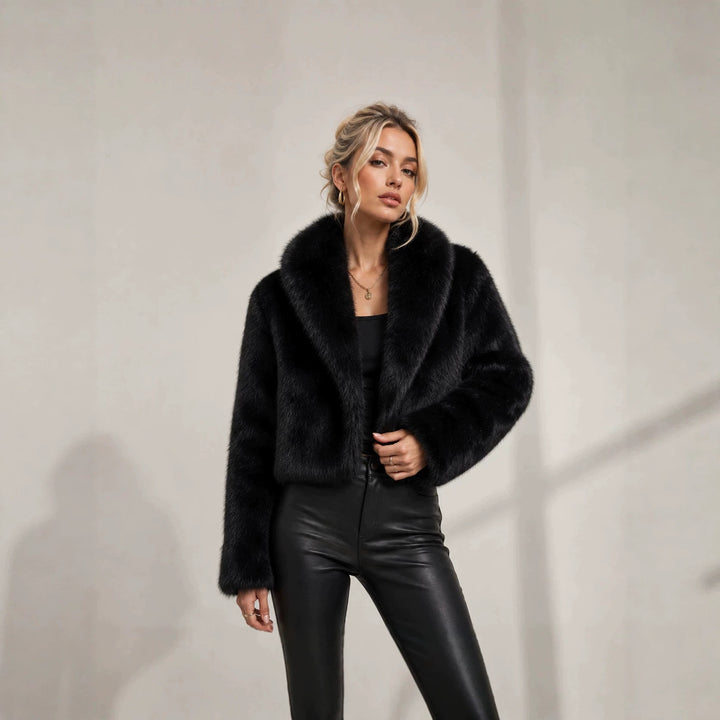 Ladies Cropped Faux Fur Short Jacket with Extra Voluminous Shawl Collar Mune Fashion