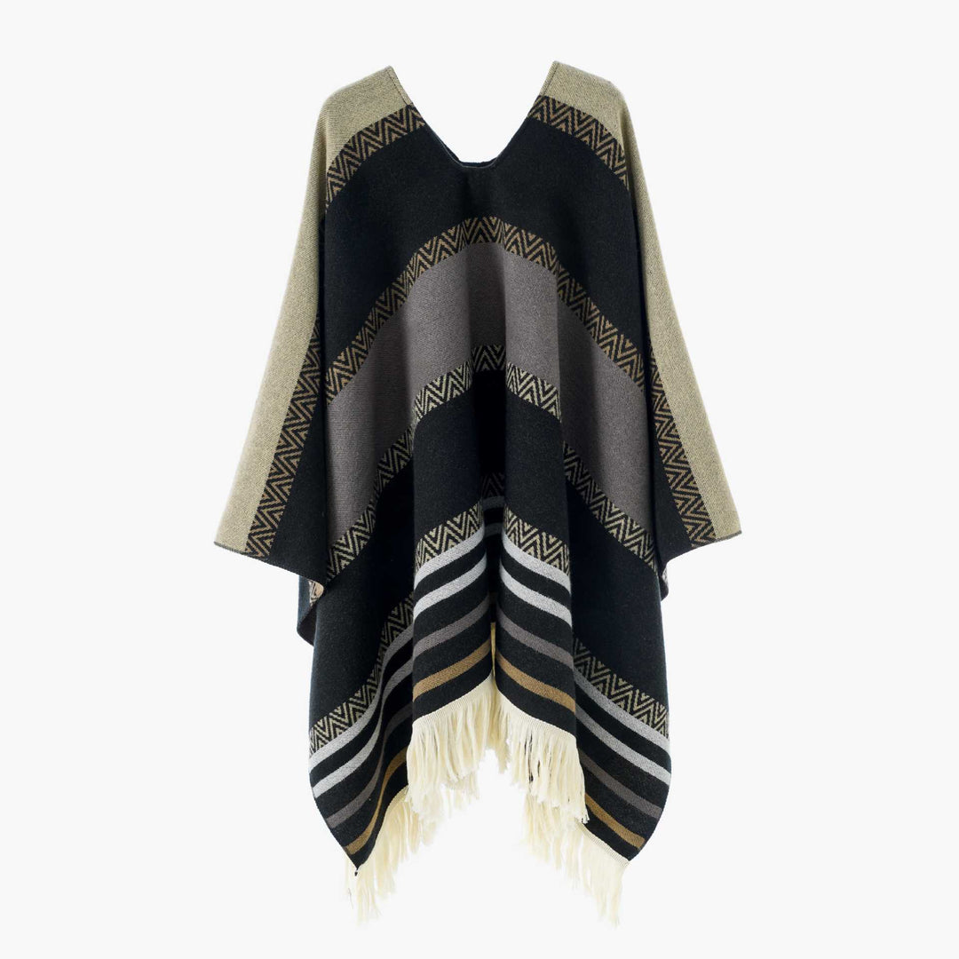 Women Oversize Poncho-Cape with V-neck and Fringe Hem Mune Fashion