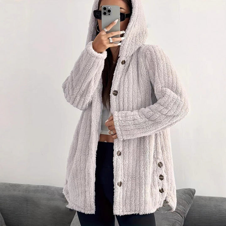 Women's Hooded Teddy Coat with Button Placket and Oversized Fit Mune Fashion