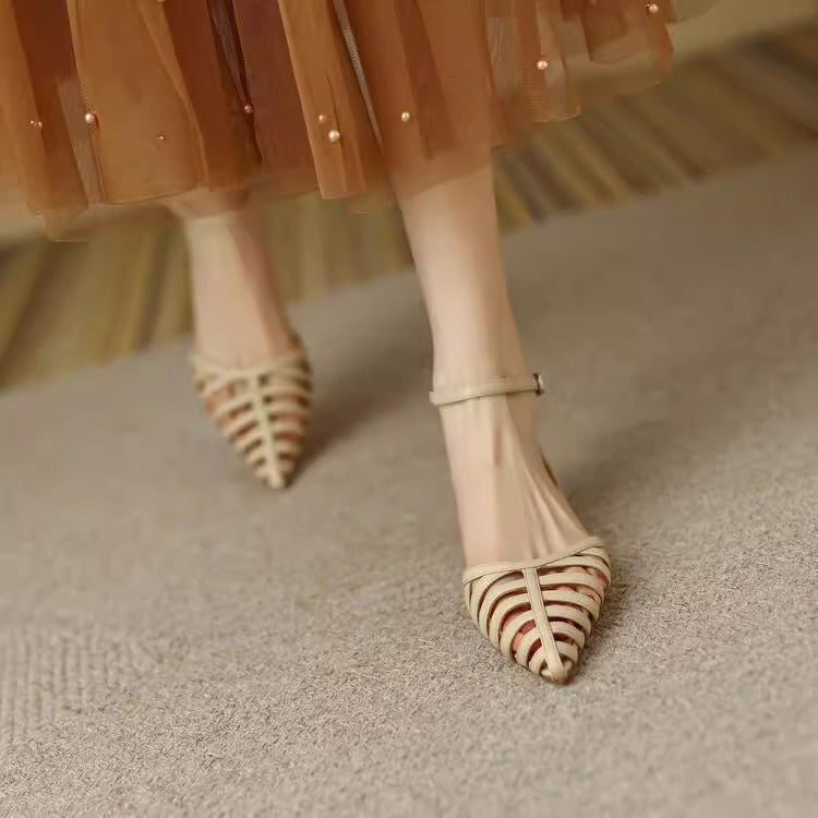 Women’s pointed toe lattice sandal with fine straps, adjustable ankle strap, and low block heel Mune Fashion