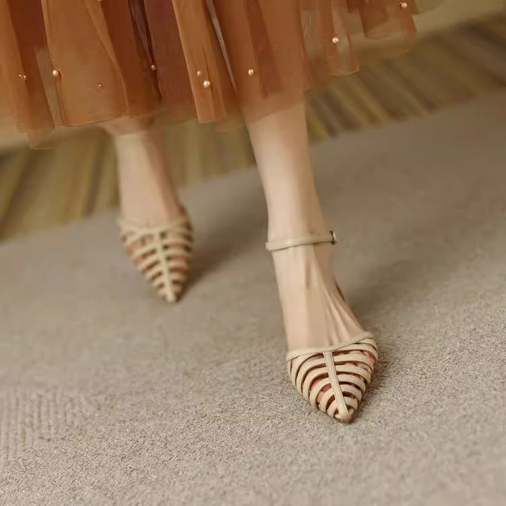Women’s pointed toe lattice sandal with fine straps, adjustable ankle strap, and low block heel Mune Fashion