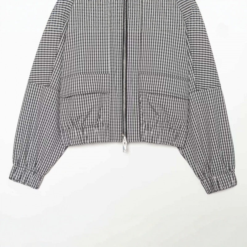 Women Cropped Boxy Jacket in Vichy Check with Stand Collar and Two-Way Zipper Mune Fashion