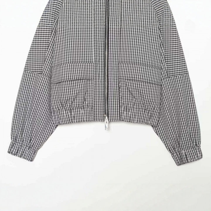 Women Cropped Boxy Jacket in Vichy Check with Stand Collar and Two-Way Zipper Mune Fashion