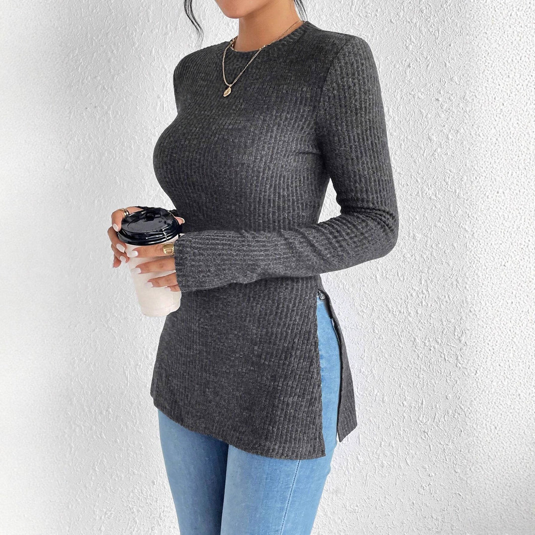 Women Ribbed Long Sleeve Shirt with Side Slit and Fitted Cut Mune Fashion