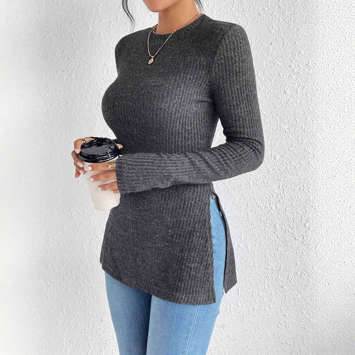 Women Ribbed Long Sleeve Shirt with Side Slit and Fitted Cut Mune Fashion