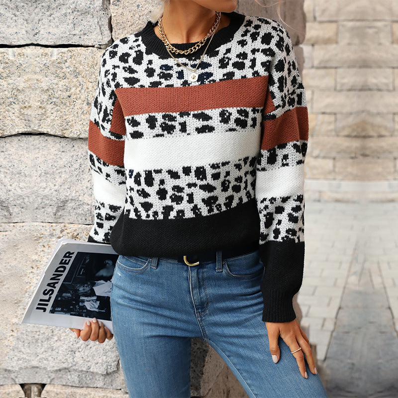 Women's fine knit pullover with animal print block stripes and ribbed hem Mune Fashion