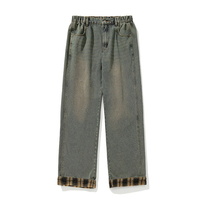 Women Wide Denim Palazzo Pants with Elastic Ruffled Waistband and Checked Cuff Mune Fashion