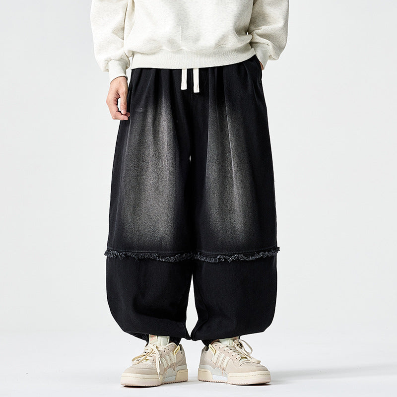 Men Wide-cut Baggy Denim Pants with Drawstring, Elastic Leg Openings and Fringed Detail Mune Fashion