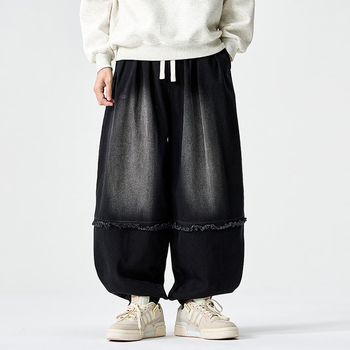 Men Wide-cut Baggy Denim Pants with Drawstring, Elastic Leg Openings and Fringed Detail Mune Fashion