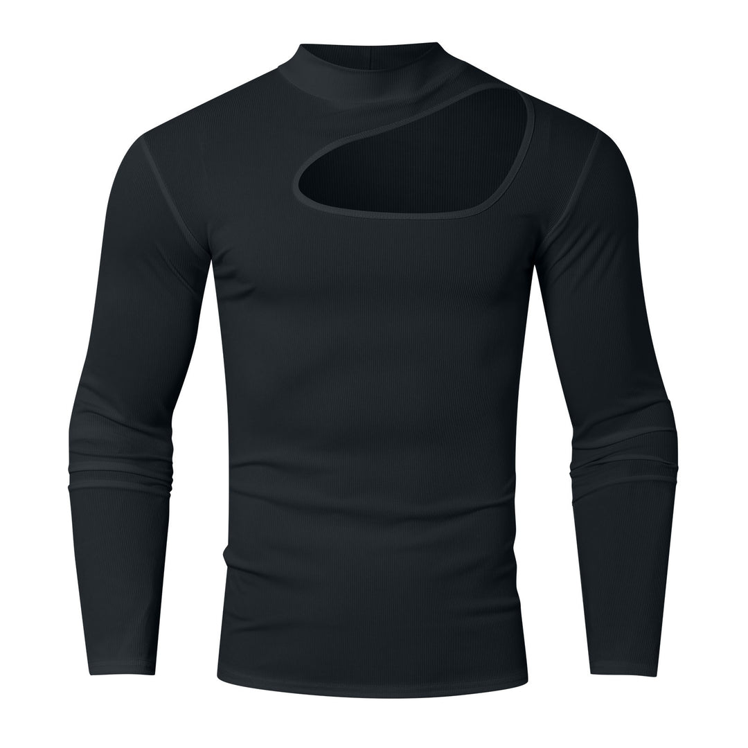 Women's fitted long sleeve top made of fine rib jersey with asymmetrical shoulder neckline and high collar Mune Fashion