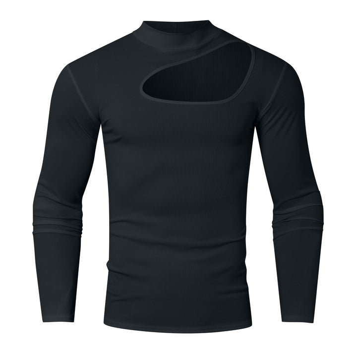Women's fitted long sleeve top made of fine rib jersey with asymmetrical shoulder neckline and high collar Mune Fashion