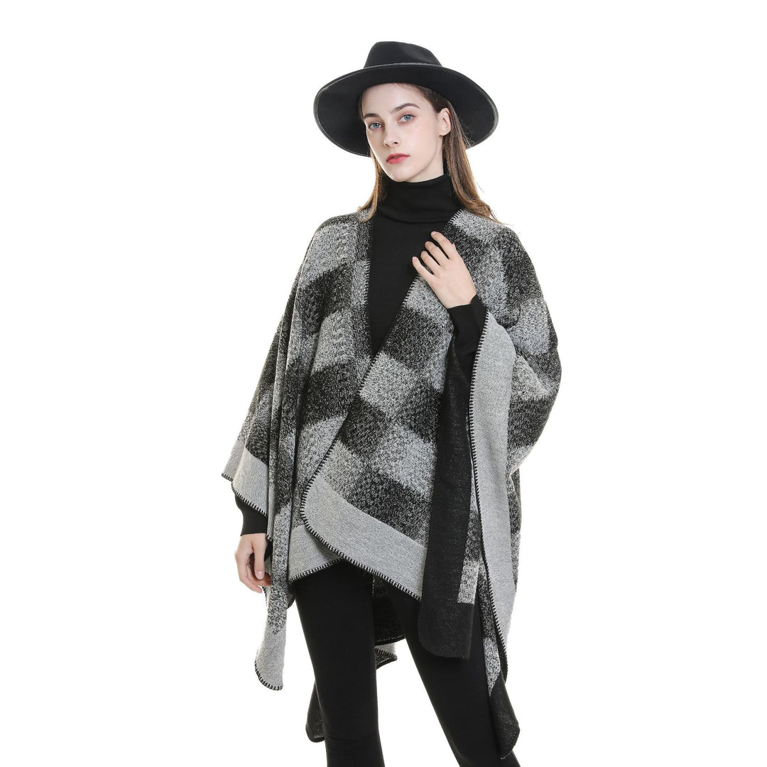 Women Versatile Wool Blend Wrap in Boxy Kimono Cut with Large Plaid Jacquard Detail