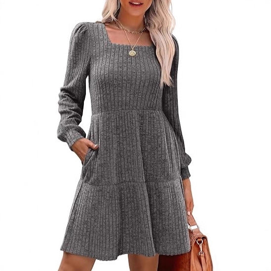Women's Knitted A-Line Mini Dress with Square Neckline, Tiered Skirt and Pockets Drune