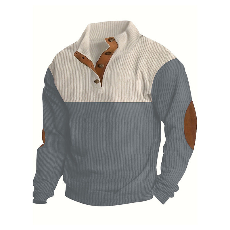 Men's Structured Half-Button Sweater with Stand Collar, Ribbed Texture and Elbow Patches Mune Fashion