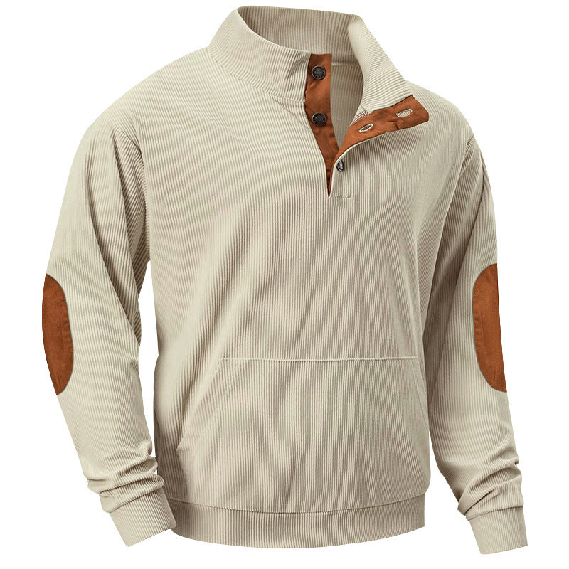 Men's knitted stand-up collar sweatshirt with button placket, kangaroo pocket and velvet elbow patches Mune Fashion