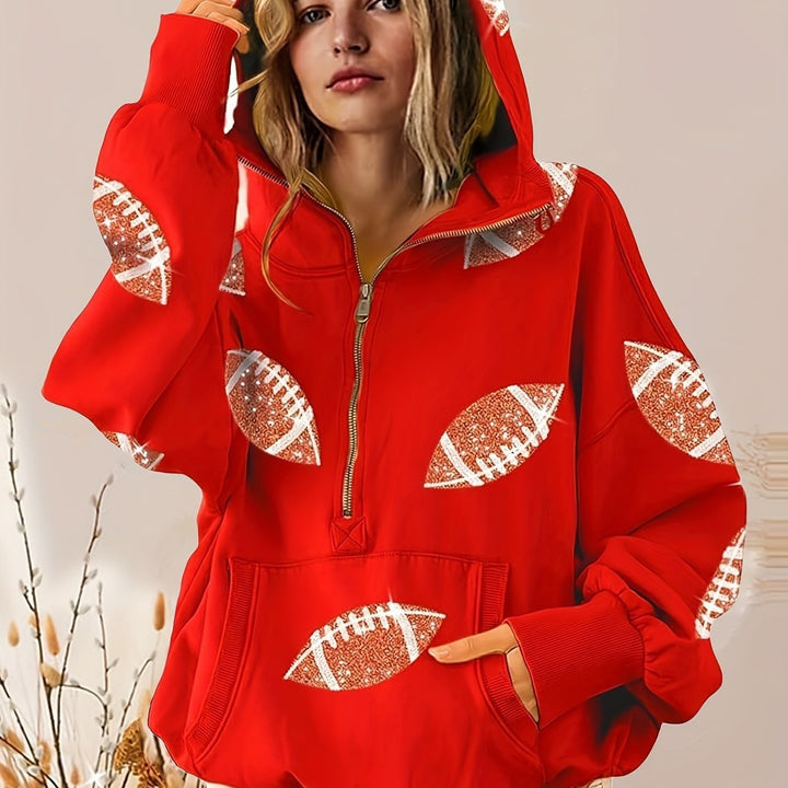 Women's Oversized Hoodie with Half Zipper and Sequin Football Application Mune Fashion