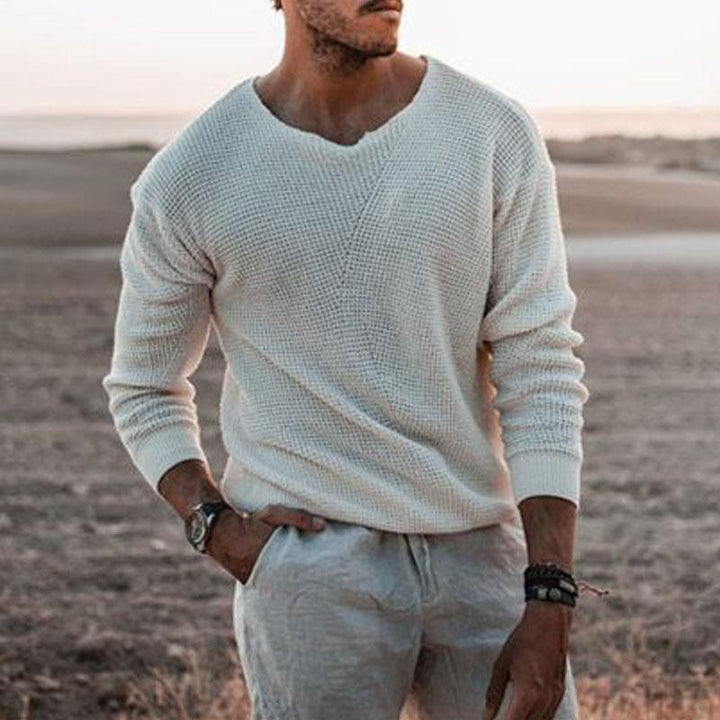 Men's sweater with V-neck and textured design Mune Fashion
