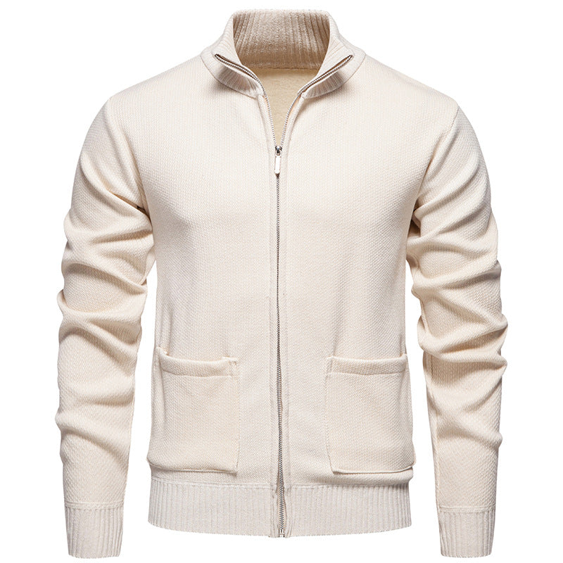 Men's finely structured zip-up knitted cardigan with stand-up collar and patch pockets Mune Fashion