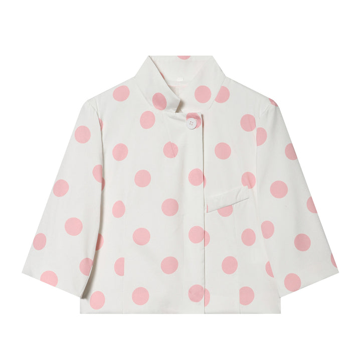 Women Polka Dot Cropped Boxy Jacket with Stand Collar and Three-Quarter Sleeves Mune Fashion