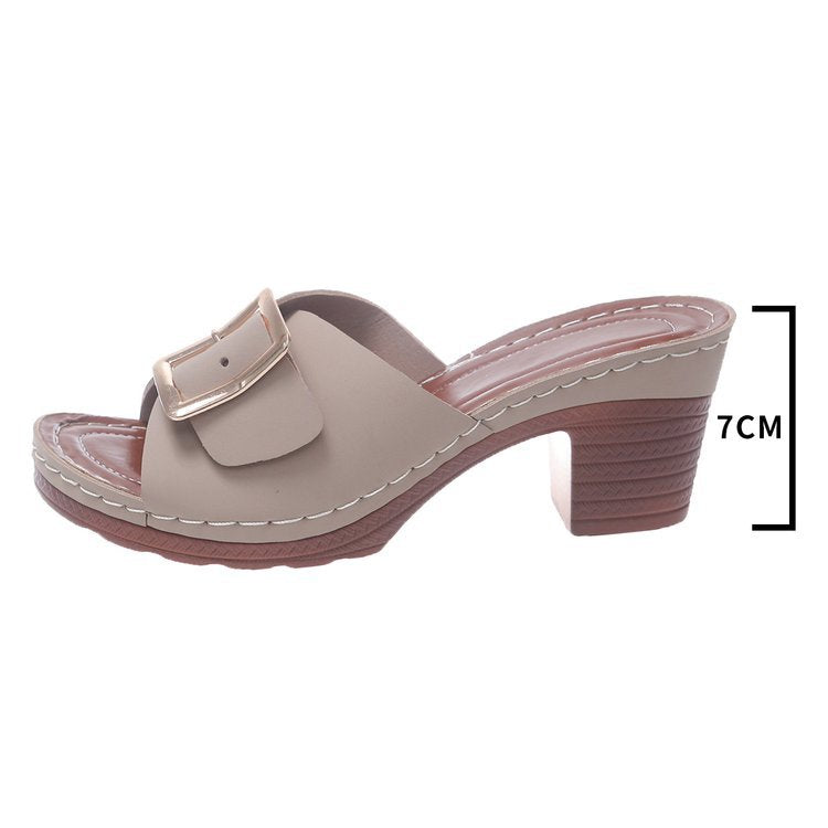 Damen Offene Slip-On Mules mit mittelhohem Blockabsatz und großer Zierschnalle Mune Fashion