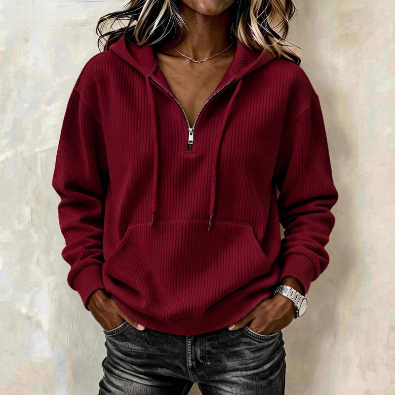 Women's casual oversized ribbed knit hoodie with half zipper Mune Fashion