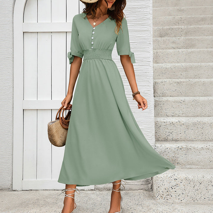 Ladies Elegant Maxi Dress with V-Neck and Ruffle Details Mune Fashion