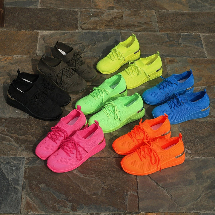 Women’s knit sneakers with wedge sole, sock-like shaft and metallic heel accent Mune Fashion