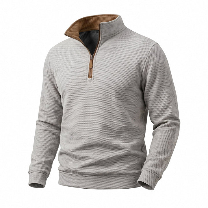 Men's waffle structure half-zip sweatshirt with stand collar, contrast lining, and leather zipper Mune Fashion