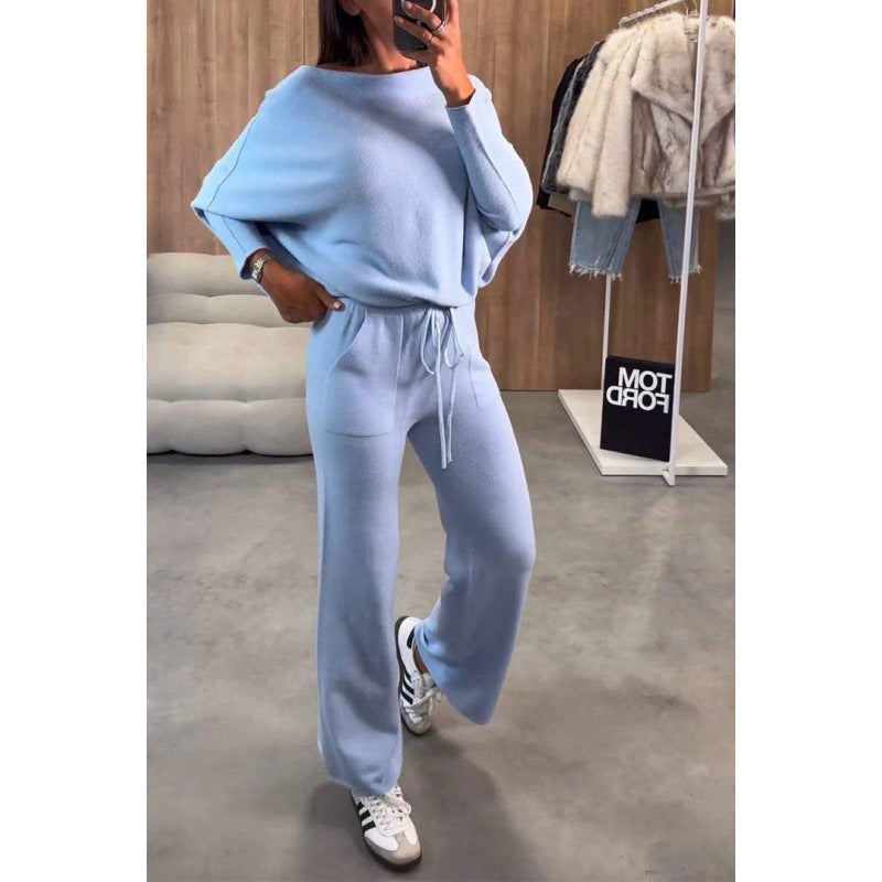 Women's Knit Loungewear Set with Oversized Shoulder, Wide Leg and Drawstring Mune Fashion