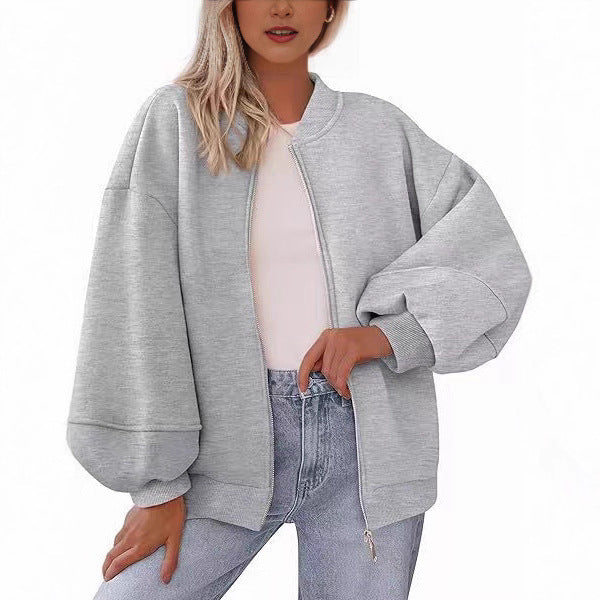 Women's Oversized Bomber Jacket with Balloon Sleeves and Continuous Zipper Mune Fashion