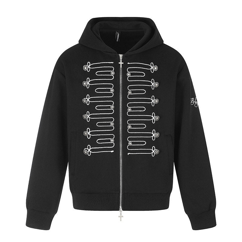 Unisex Zip-Hooded Jacket in Military Style with Decorative Cords and Metal Buttons Mune Fashion