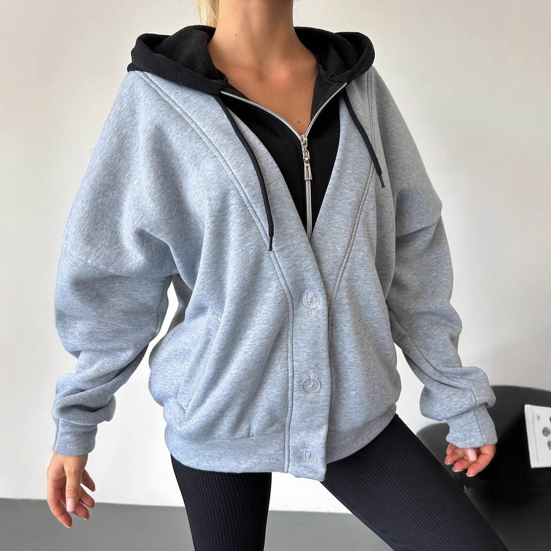 Women Oversized Hooded Jacket with Snap Button Closure and Side Pockets Mune Fashion