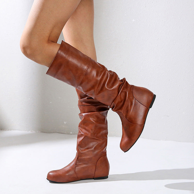 Women knee-length slouch boots with soft shaft and low block heel Mune Fashion