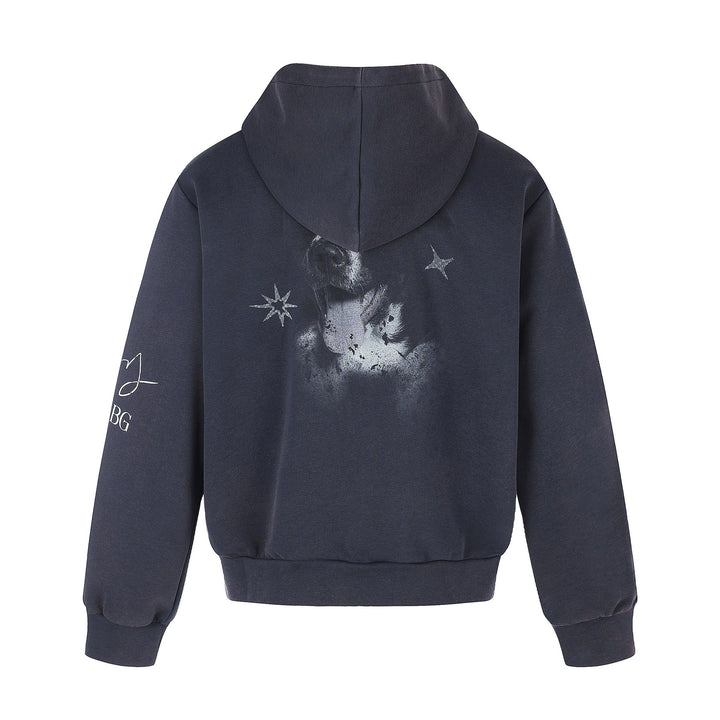 Unisex Short Cut Hooded Zip Jacket with Graphic Dog Print and Ribbed Hem Mune Fashion