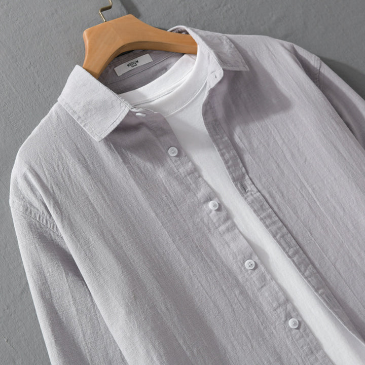 Men's Lightweight Crinkle Linen Cotton Shirt in Layering Style with Kent Collar Mune Fashion