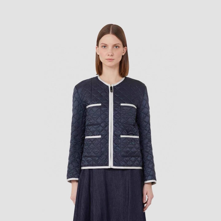 Women Lightly Quilted Short Jacket without Collar with Contrast Piping and Full-Length Zipper Mune Fashion