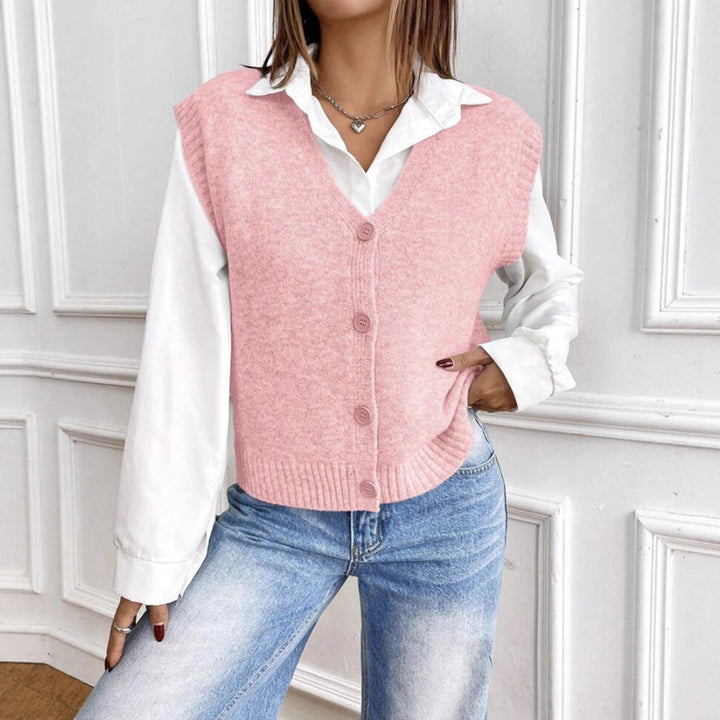 Ladies Knit Vest with V-Neck and Stylish Buttons Mune
