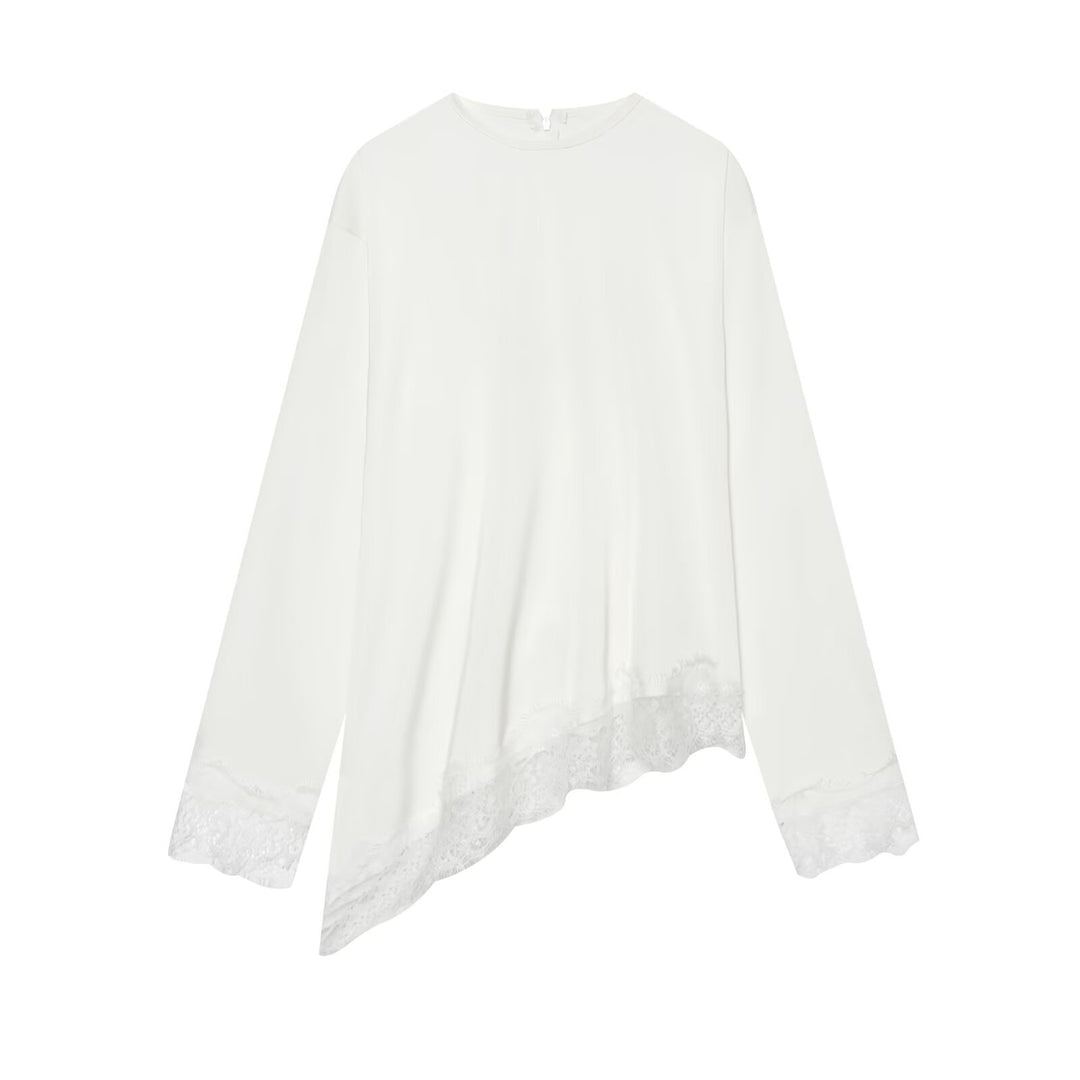 Women Asymmetrical Long Sleeve Blouse with Lace Trim and Round Neckline Mune Fashion