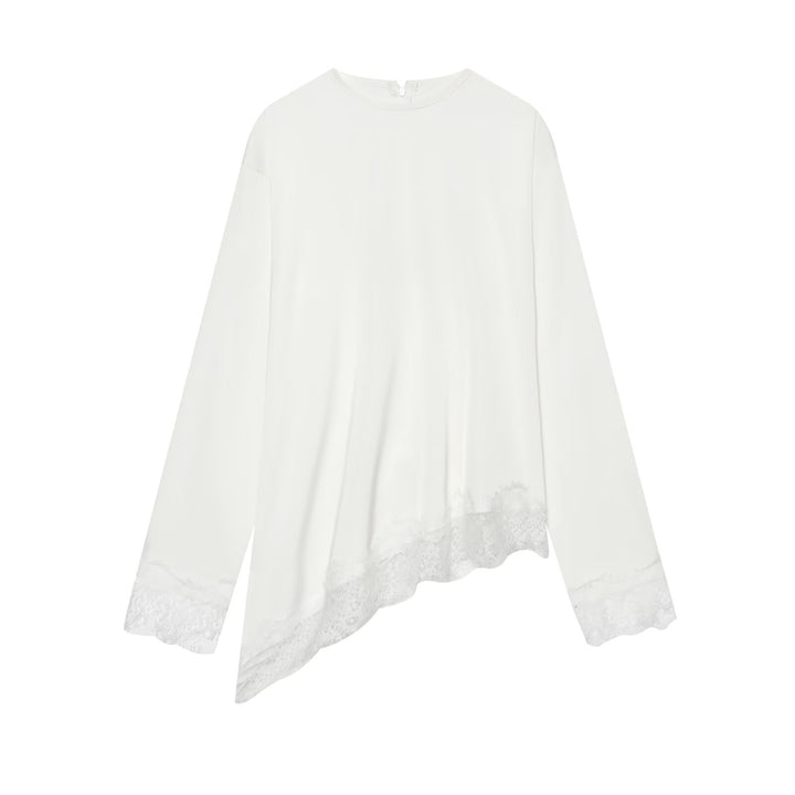 Women Asymmetrical Long Sleeve Blouse with Lace Trim and Round Neckline Mune Fashion