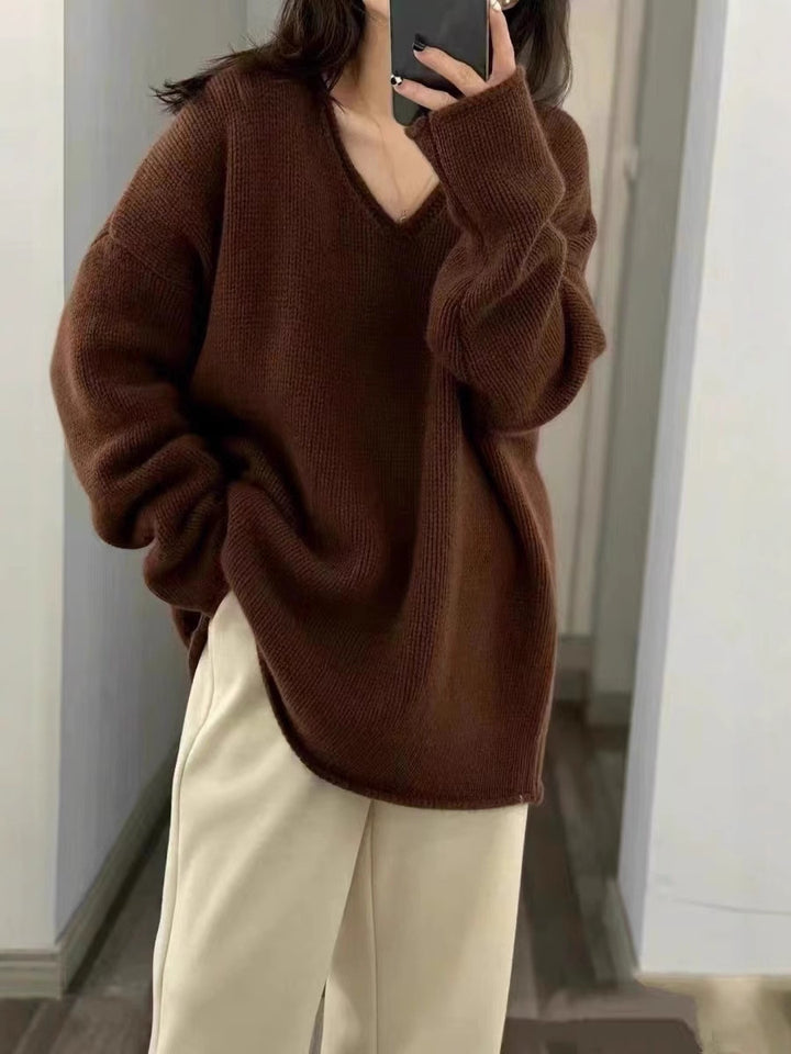 Ladies Oversize V-neck Pullover in Mohair look with drop shoulder and rounded hem Mune Fashion